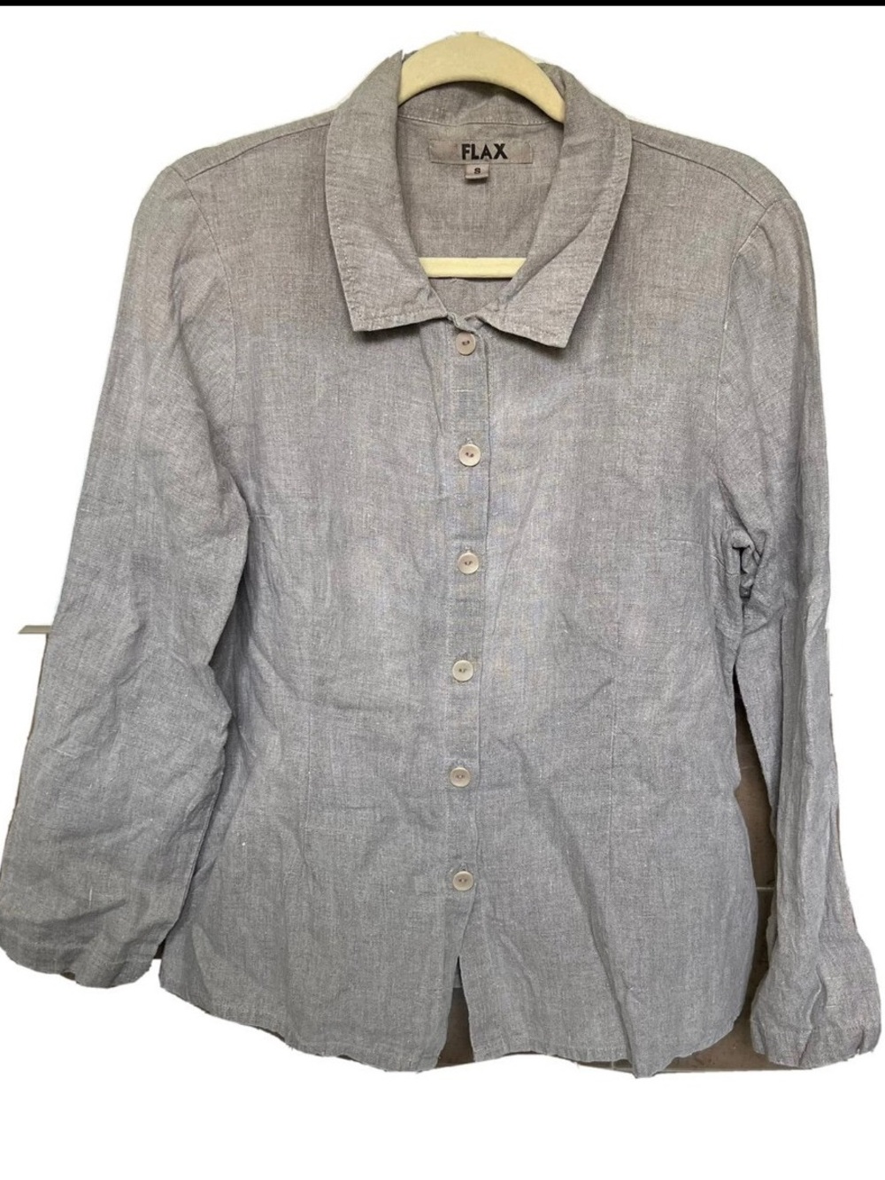 Women’s FLAX gray Button-Front Linen Top Small Long Sleeve